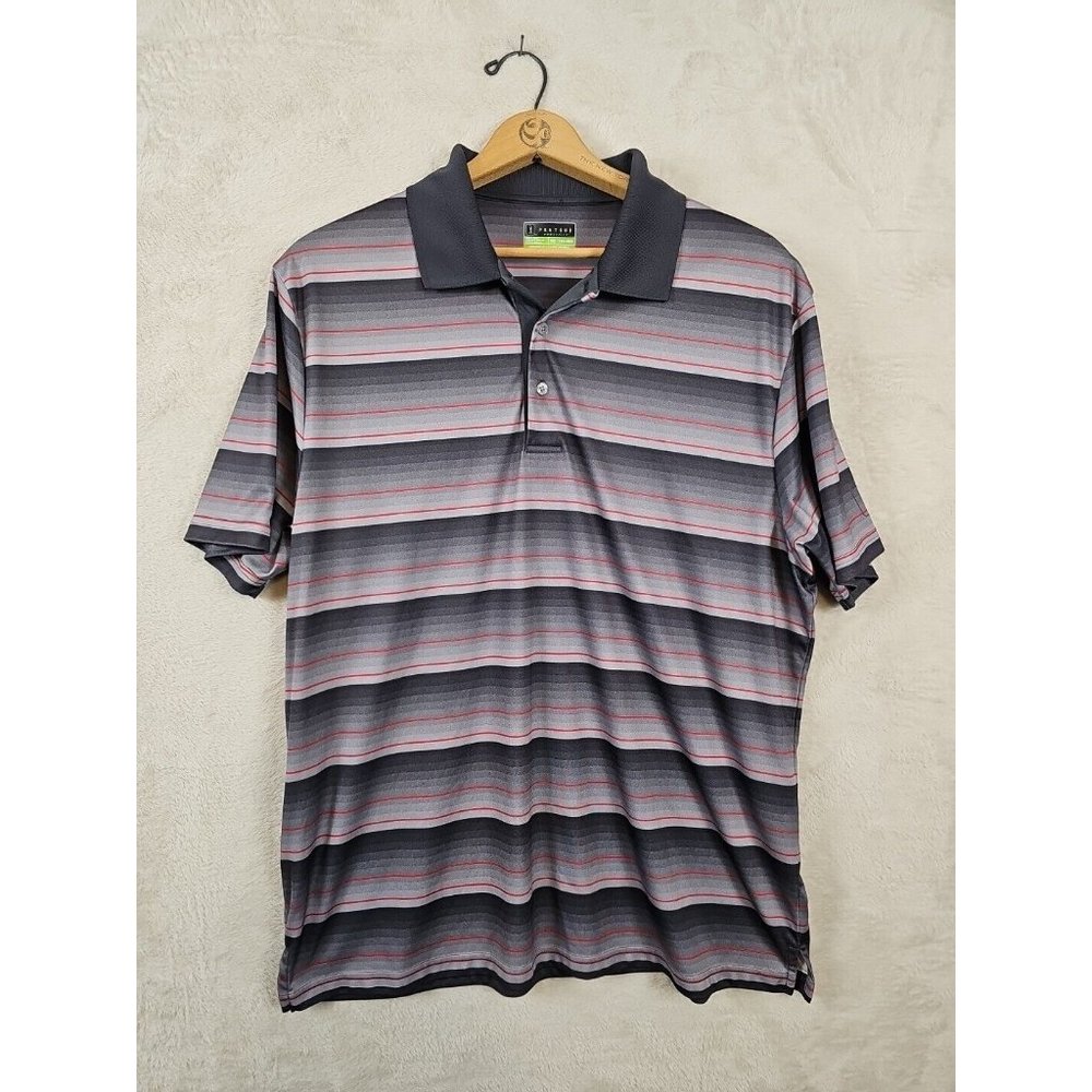 PGA Tour Pro Series Mens XXL Golf Polo Shirt Athletic Fit Gray Red Striped